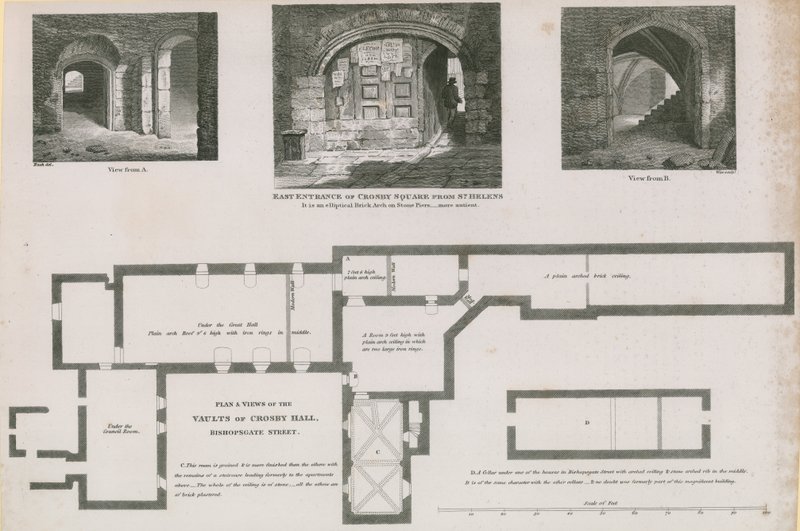 Grundplan og udsigt over hvælvingerne i Crosby Hall, Bishopsgate Street af Frederick Nash