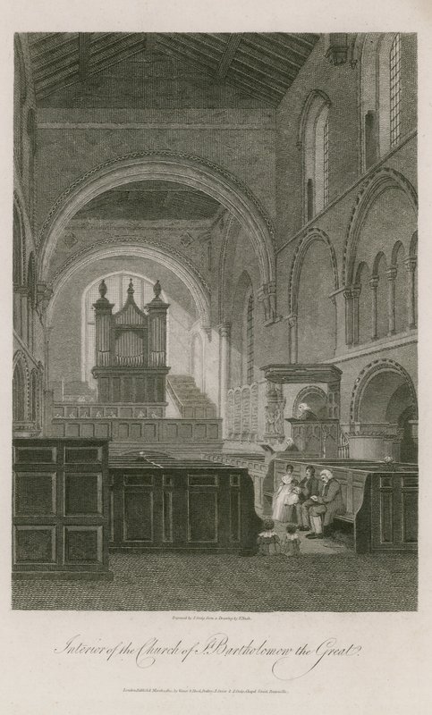 Interiør af St Bartholomew den Store Kirke af Frederick Nash