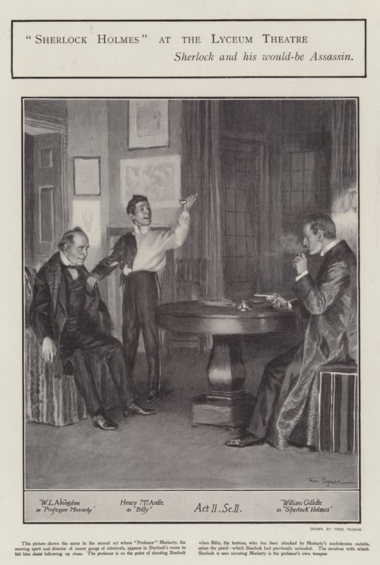 En forestilling af Sherlock Holmes på Lyceum Theatre, London (litho) af Frederick Pegram