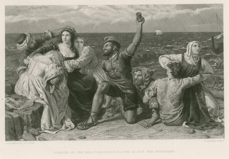Pirates of the Mediterranean spiller med terninger for fanger (gravering) af Frederick Richard Pickersgill