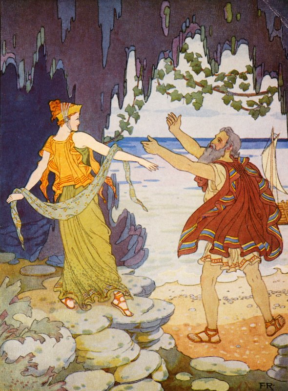 Kalypso sagde farvel til ham på stranden (farvelitografi) af Frederick Richardson