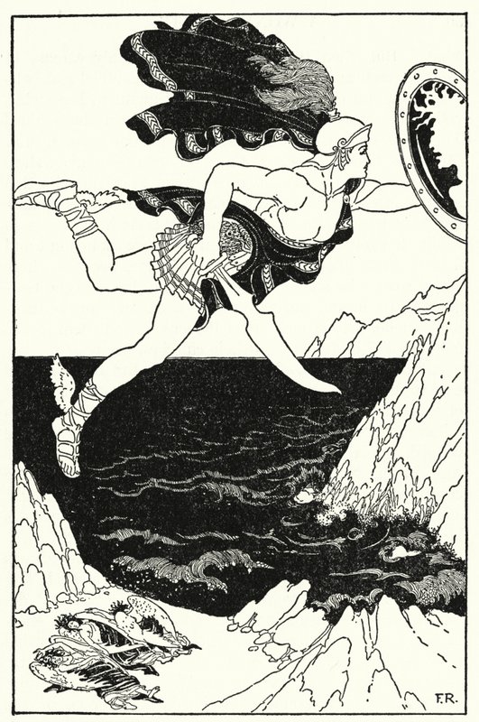 Perseus fløj forsigtigt nedad og holdt stadig øjnene på Medusas ansigt, som det reflekterede i hans skjold (litho) af Frederick Richardson