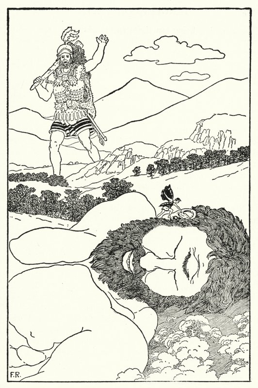 Pygmæen råbte ind i Antaeus øre, at en anden kæmpe var på vej (litho) af Frederick Richardson