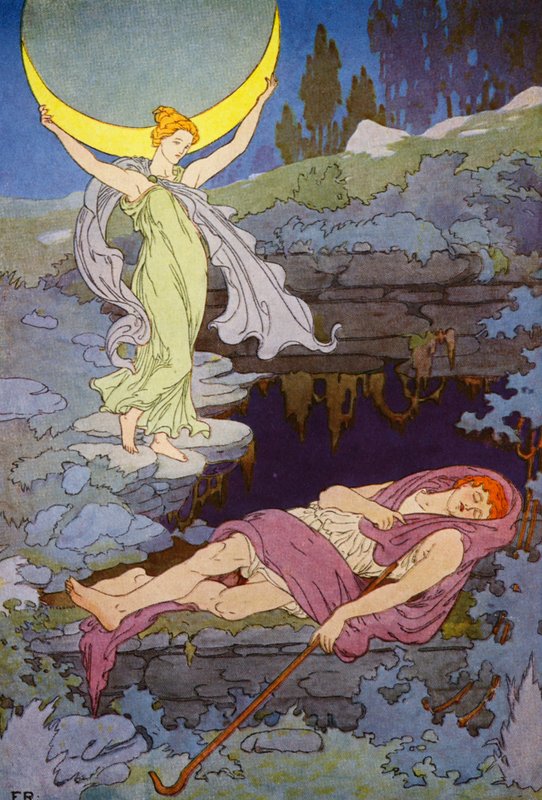 Kun besøgt af månen om natten vil Endymion sove for evigt (farvelitografi) af Frederick Richardson