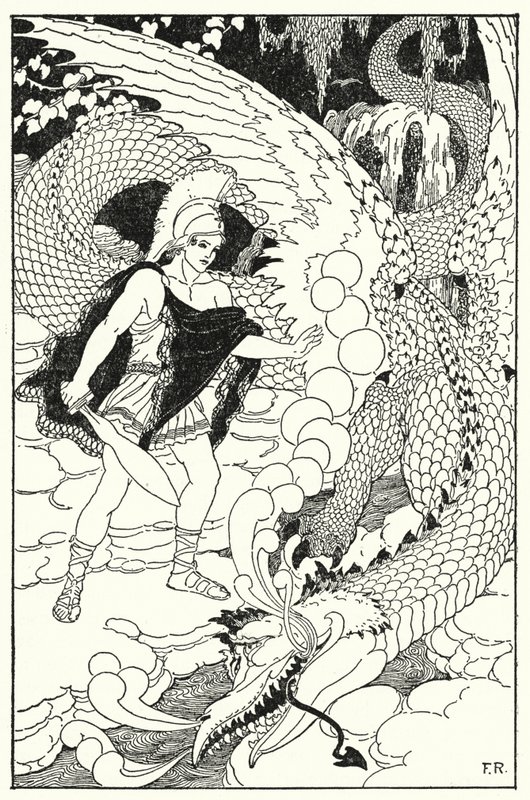 Da dragen fik øje på Cadmus, satte han endnu et afskyeligt sus op (litho) af Frederick Richardson