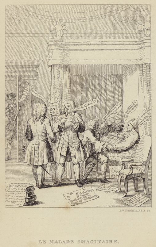 Le Malade Imaginaire: satire, der skildrer forfatteren og botanikeren John Hill i sengen, der konsulteres af en række læger, der alle er fast besluttet på at sikre deres honorar af Frederick William Fairholt