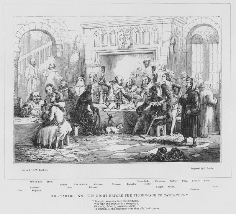 Tabard Inn, natten før pilgrimsrejsen til Canterbury (gravering) af Frederick William Fairholt