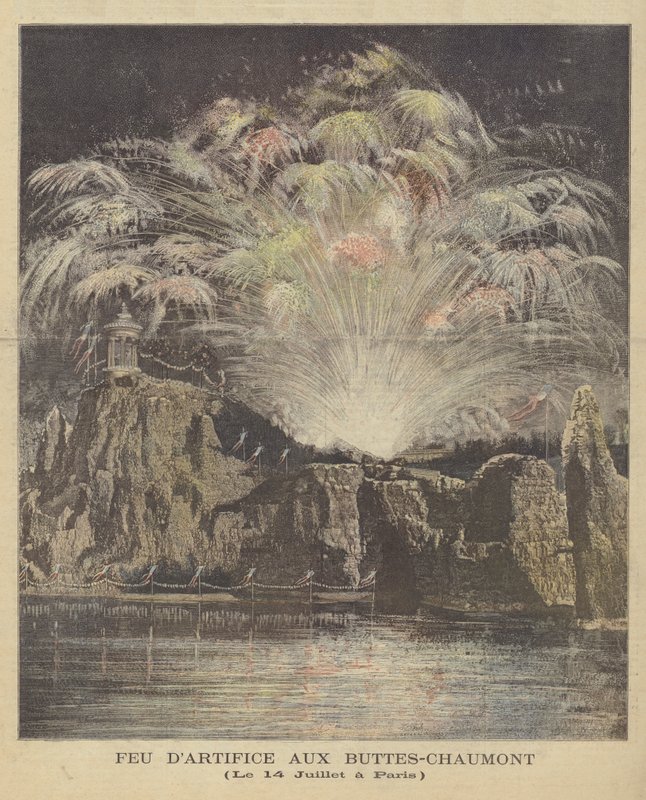 Bastilledagens fyrværkeri i Parc des Buttes-Chaumont, Paris af French School