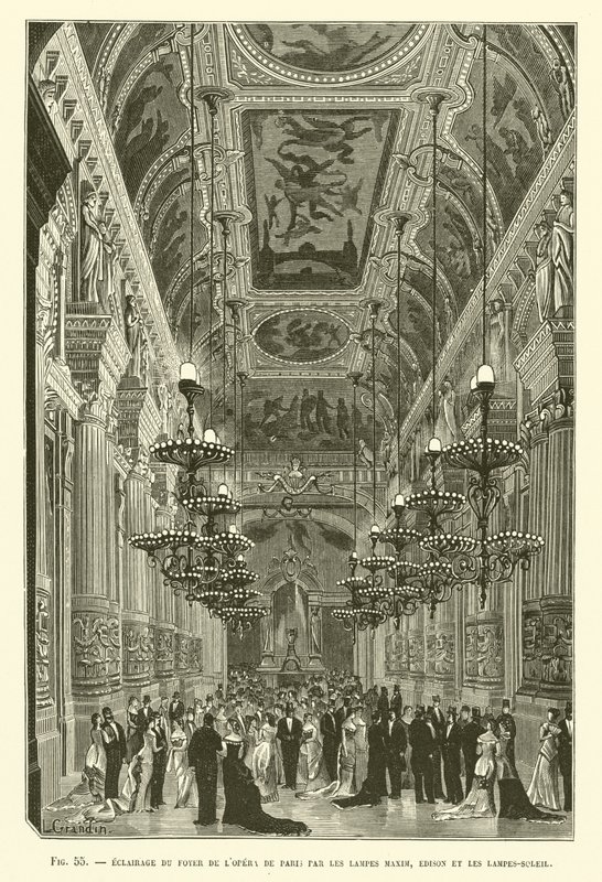 Belysning af foyeren i Paris Opera af Maxim, Edison og Sun Lamps af French School