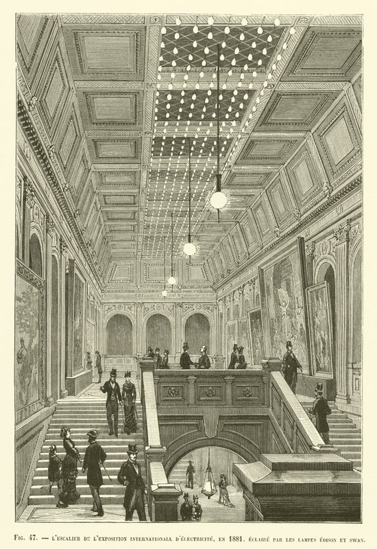 The Staircase of the International Electricity Exhibition, i 1881, oplyst af Edison og Swan Lamps af French School