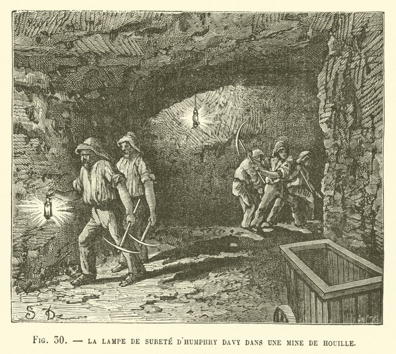 Humphry Davys sikkerhedslampe i en kulmine af French School