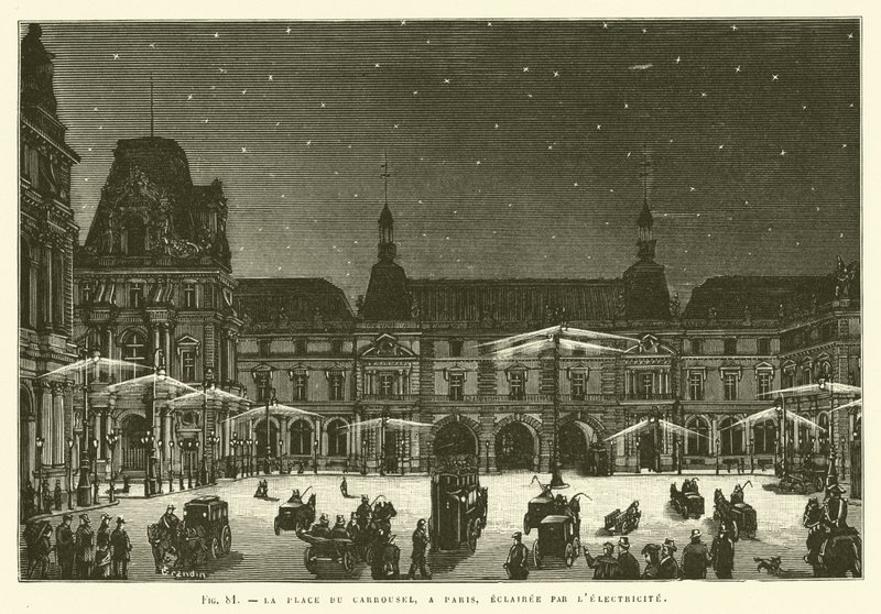 Place Du Carrousel, i Paris, oplyst af elektricitet af French School