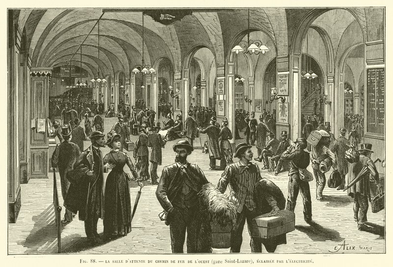Den vestlige jernbanes venteværelse (Saint-Lazare Station), oplyst af elektricitet af French School