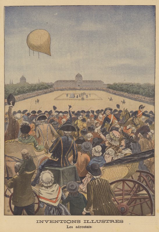 Lancering af den første brintballon af Jacques Charles og Robert-brødrene i Paris, 1783 af French School