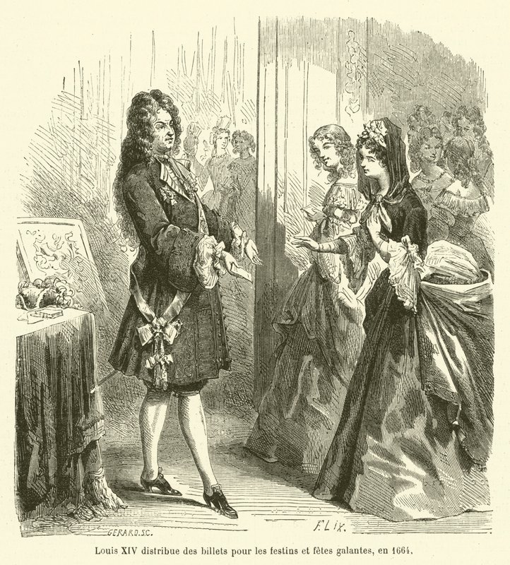 Ludvig XIV distribuerer billetter til fester og fester galante i 1664 af French School