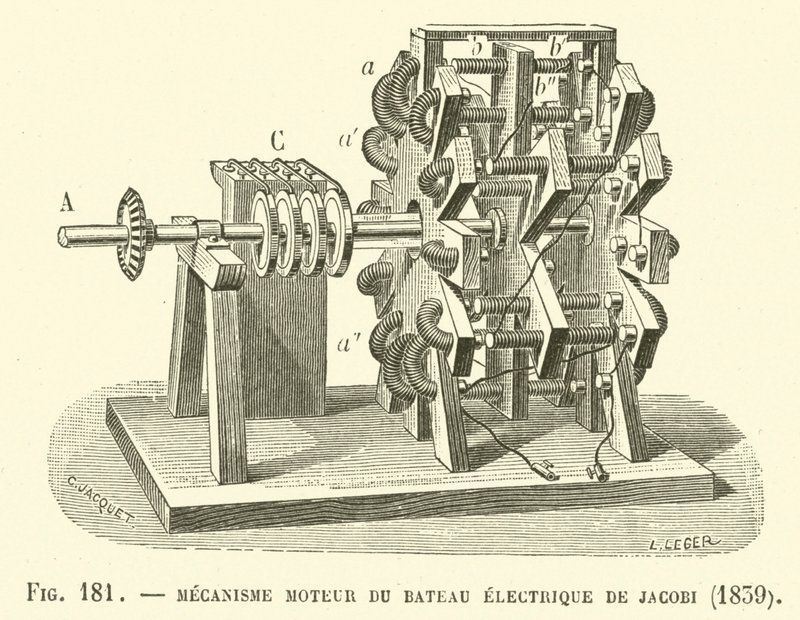 Motormekanisme af Jacobis elektriske båd, 1839 af French School