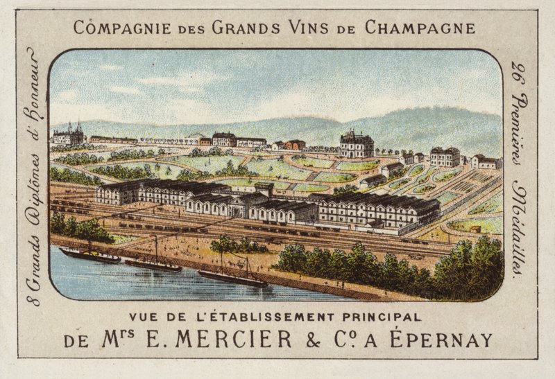 Hovedetablering af E Mercier und Co, Champagneproducenter, Epernay, Frankrig (chromolitho) af French School