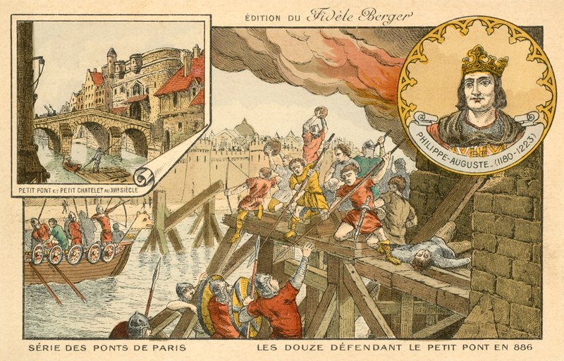 De Tolv forsvarer Petit Pont mod vikingerne, Siege of Paris, 886 af French School