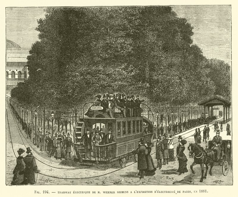 Elektrisk sporvogn af hr. Werner Siemens ved Paris Electricity Exhibition, i 1881 af French School