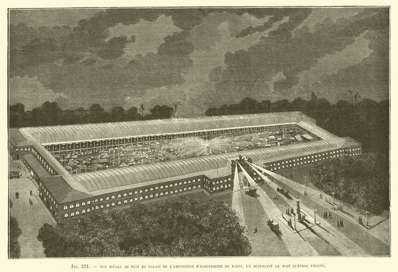 Ideel natudsigt over elektricitetsudstillingen i Paris, forudsat at det centrale tag er fjernet af French School