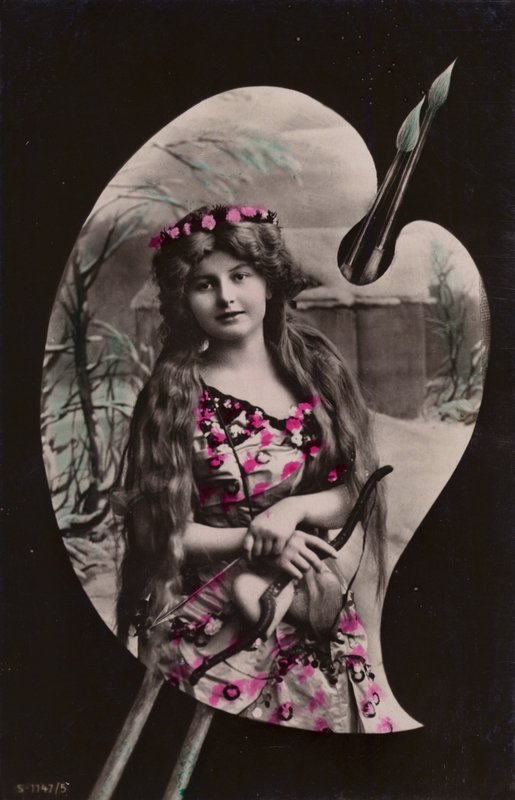 En ung kvinde med en bue og pil afbildet på en kunstnerpalet (tonet fotocollage) af French Photographer
