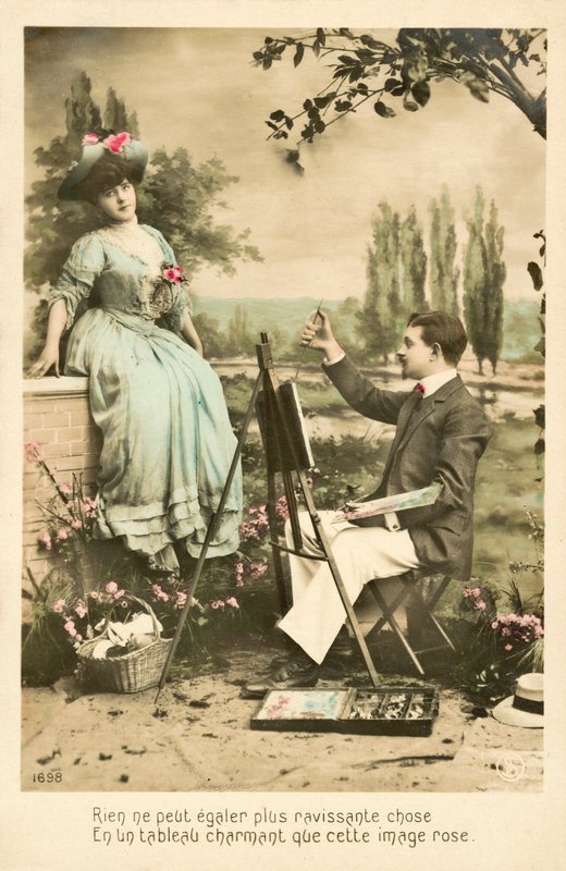 Kunstner maler smuk pige med roser af French Photographer