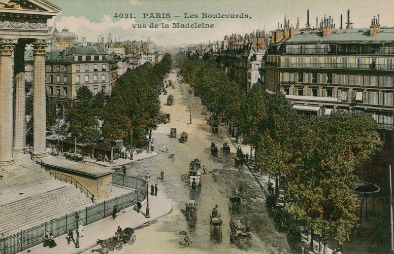 Boulevarder i Paris, set fra Boulevard de la Madeleine. Postkort sendt i 1913. af French Photographer