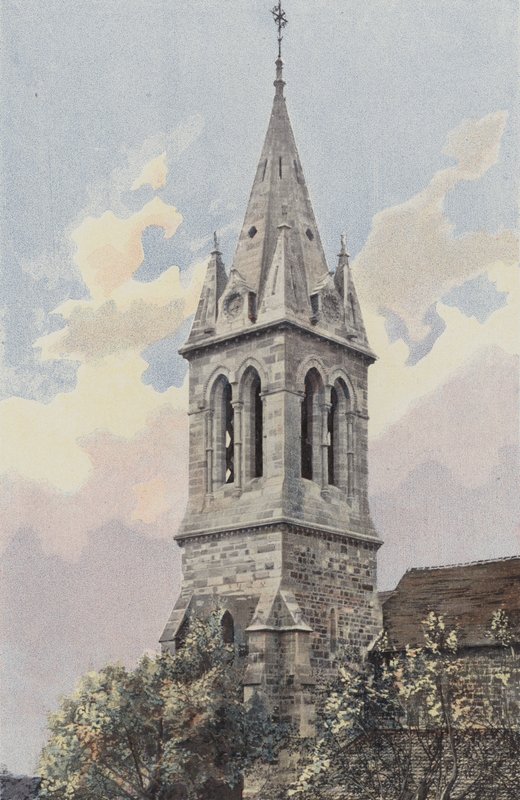 Bourbonne-les-Bains, kirke, klokketårn og spir af French Photographer
