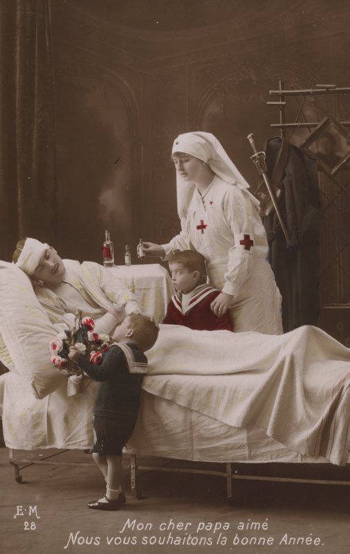 Børn ønsker et godt nytår til deres sårede far, WW1 af French Photographer