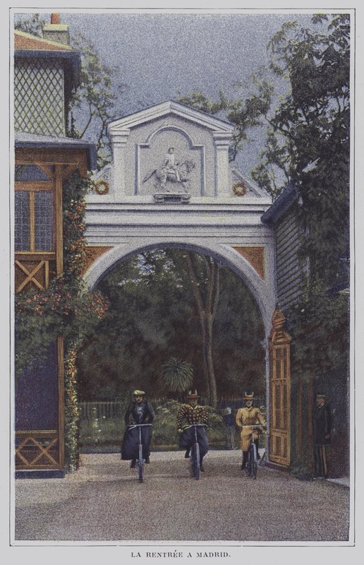 Cyklister vender tilbage til Chateau de Madrid i Bois de Boulogne, Paris, efter en tur (farvefoto) af French Photographer