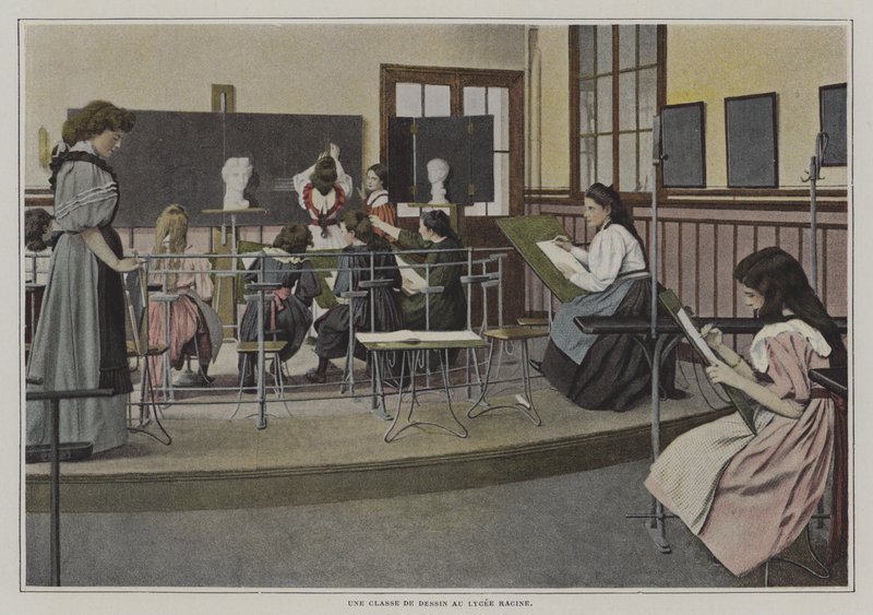 Tegneklasse på Lycee Racine, Paris (farvefoto) af French Photographer