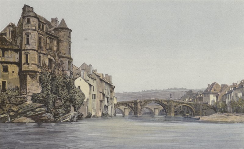 Espalion, Old Courthouse og Old Bridge over the Lot af French Photographer