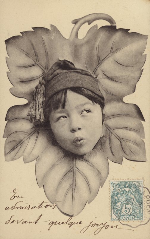 Ansigt af en lille dreng i midten af et blad (fotocollage) af French Photographer