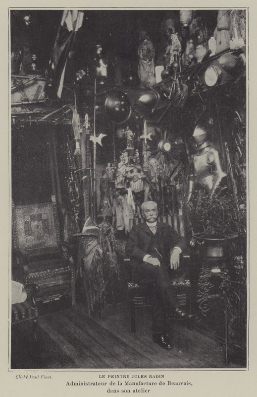 Fransk maler Jules Badin, leder af Beauvais Tapestry Manufacture, i sit værksted (s/h foto) af French Photographer