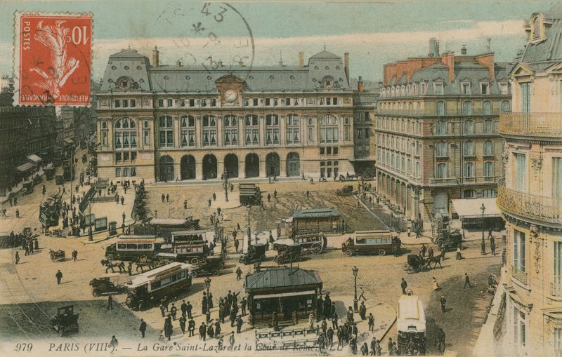 Gare St Lazare og Cour de Rome, Paris. Postkort sendt i 1913. af French Photographer