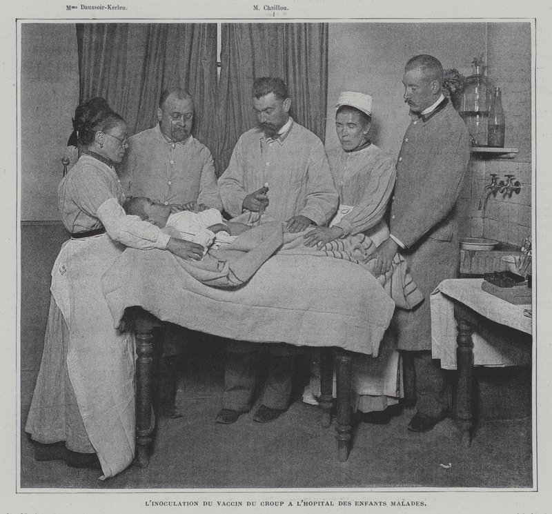 Podning af en patient med vaccinen mod kryds på et hospital for syge børn i Paris (s/h foto) af French Photographer