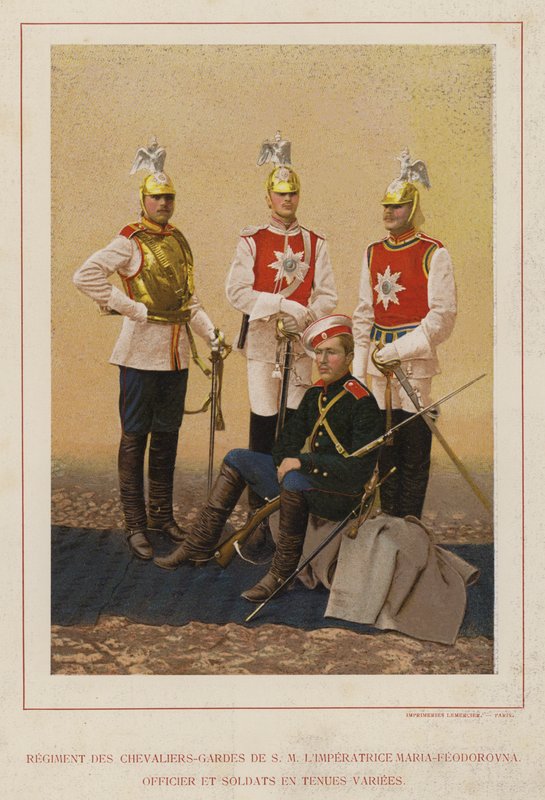 Den russiske hær: Regiment af Knights-Guards of H M Kejserinde Maria-Feodorovna, officer og soldater i forskellige uniformer (foto) af French Photographer