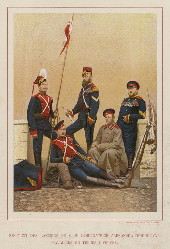 Den russiske hær: Regiment of Lancers Of H M Kejserinde Alexandra-Feodorovna, kavalerer i forskellige dragter (foto) af French Photographer