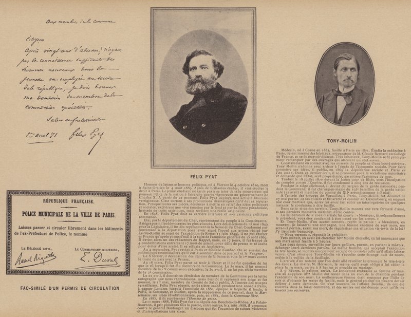 Pariserkommunen, fax af en cirkulationstilladelse, Felix Pyat, Tony-Moilin (s/h-foto) af French Photographer