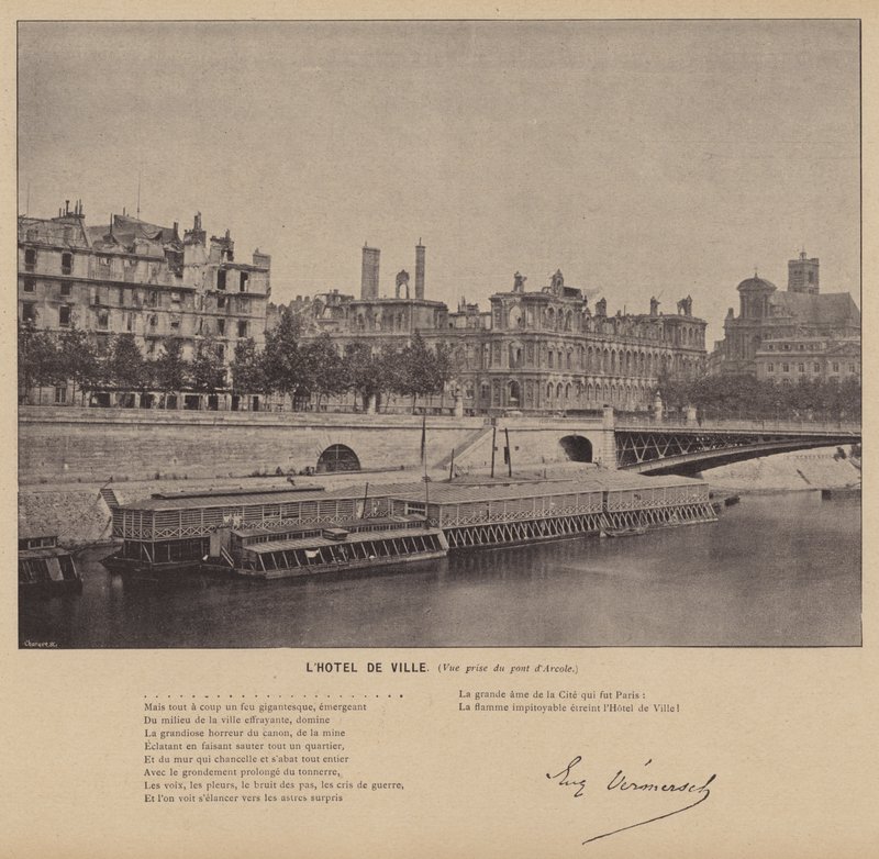 Paris Commune, Hotel De Ville, Udsigt taget fra Arcole-broen (s/h-billede) af French Photographer
