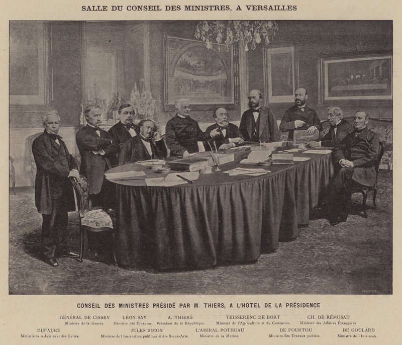 Kommunen i Paris, Ministerrådets sal, i Versailles, Ministerrådet præsideret af M Thiers, på Hotel De La Presidence (s/h-foto) af French Photographer