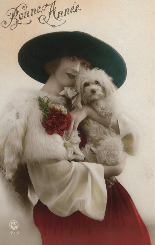 Dame med en lille hund i hånden af French Photographer