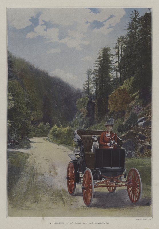 Mademoiselle Yahne i sin Cleveland-bil i Plombieres-les-Bains, Frankrig (farvefoto) af French Photographer