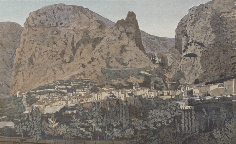 Moustiers-Sainte-Marie, generel udsigt og Notre-Dame de Beauvoir kapel af French Photographer