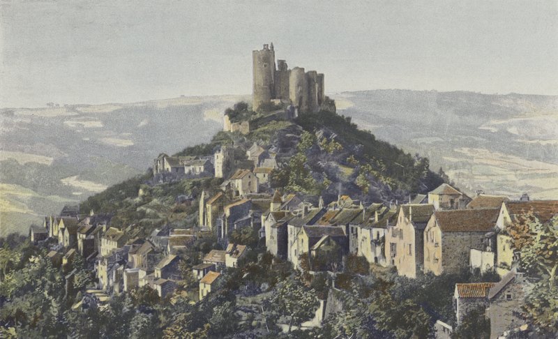 Najac, generel udsigt over byen og slottet af French Photographer