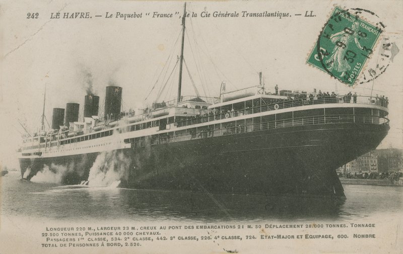 Oceanliner Frankrig, Le Havre. Postkort sendt i 1913. af French Photographer
