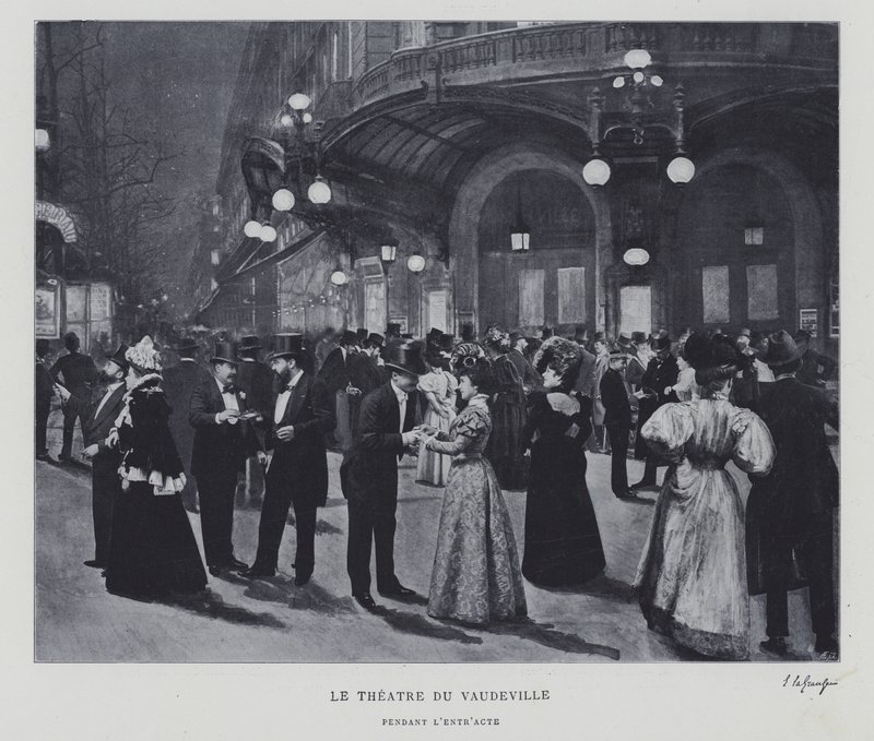 Uden for Theatre du Vaudeville, Paris, i intervallet (s/h foto) af French Photographer