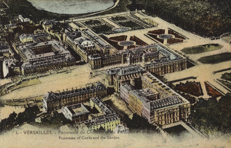 Panoramaudsigt over slottet og haverne i Versailles (farvefoto) af French Photographer