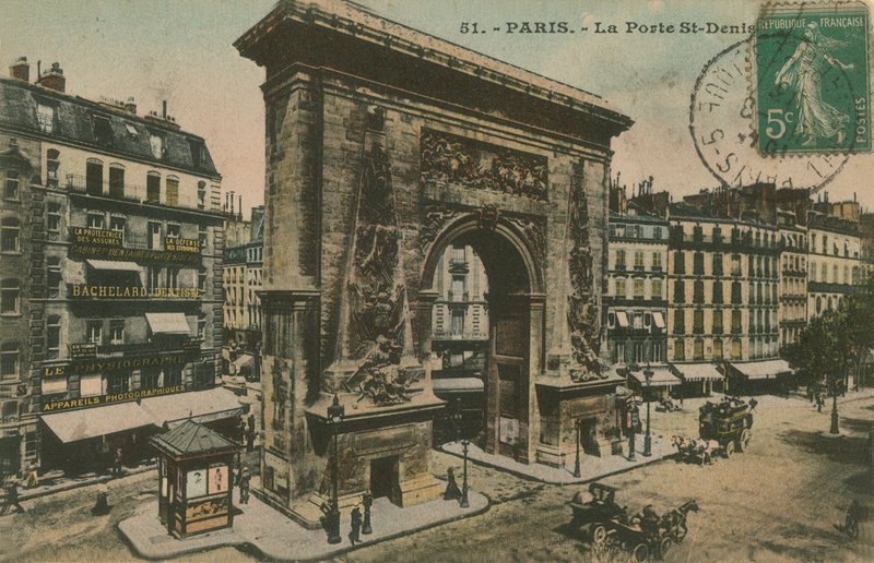 Porte Saint-Denis i Paris, Frankrig. Postkort sendt i 1913. af French Photographer