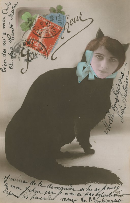 Postkort af en kat med en kvindes ansigt, sendt i 1913 af French Photographer